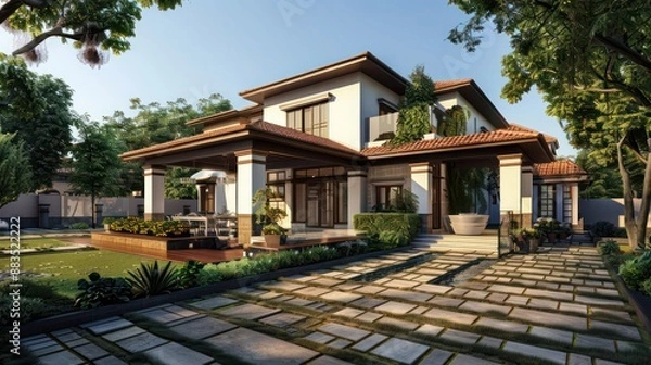 Obraz suburban farmhouse with a contemporary Indian bungalow theme, combining traditional Indian design elements with modern architecture and luxurious finishes