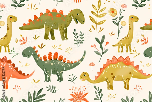 Fototapeta Cartoon dinosaurs patterns background