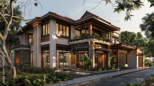 Obraz suburban farmhouse with a contemporary Indian bungalow theme, combining traditional Indian design elements with modern architecture and luxurious finishes