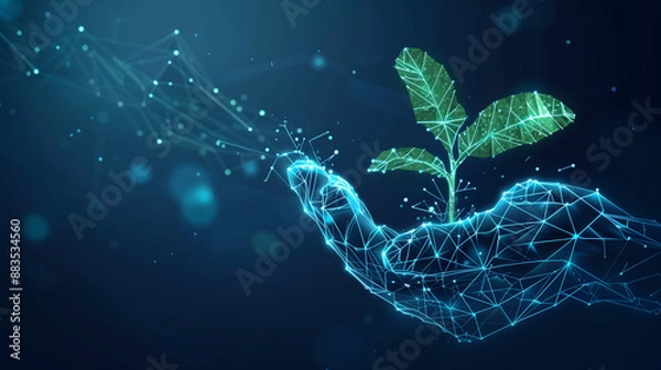 Fototapeta Sustainable economy concept as an abstract digital hand supporting a plant on a technological blue background