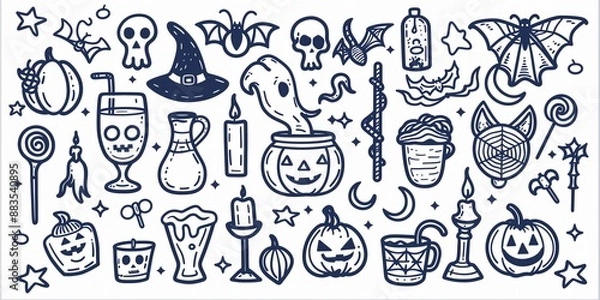 Fototapeta A whimsical collection of hand-drawn Halloween doodles, featuring various spooky elements such as pumpkins, bats, skulls, witches’ hats, and more.
