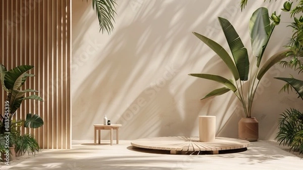 Fototapeta Serene minimalist room with wooden furniture and lush indoor plants. Concept of interior design, home decor, relaxation, natural aesthetics