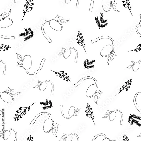 Fototapeta Seamless pattern with bean sprouts and small flowers, black and white illustration