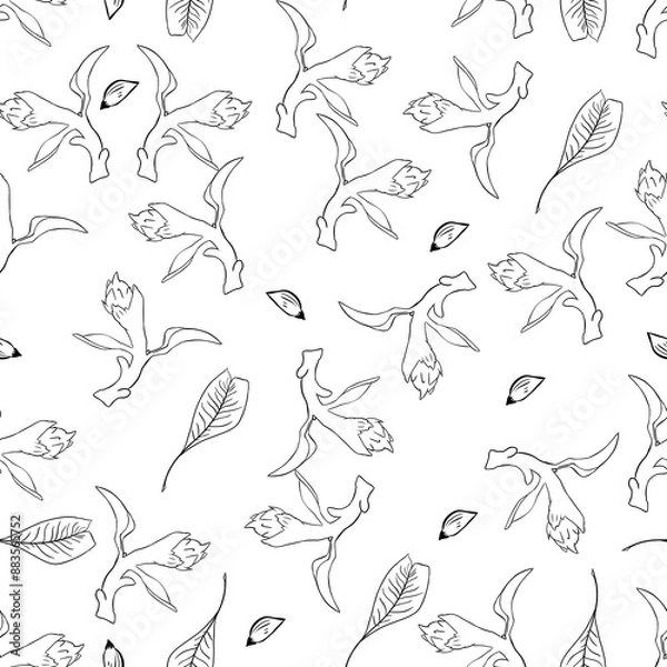 Fototapeta Seamless pattern with flowers, leaves and buds, black and white illustration