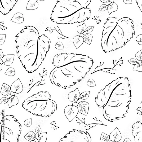 Fototapeta Seamless pattern with large leaves, flowers and twigs, black and white illustration
