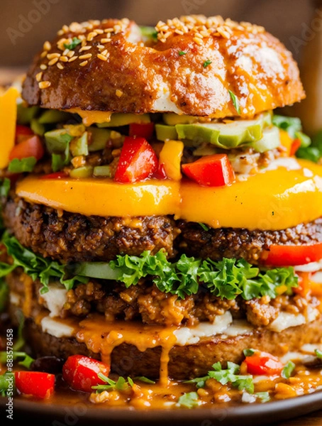 Fototapeta The cheeseburger with beef, lettuce, and tomato is a fast food meal. a grilled hamburger sandwich with cheese on a bun makes a delicious lunch. enjoying a beef burger with fresh bread and tasty toppin