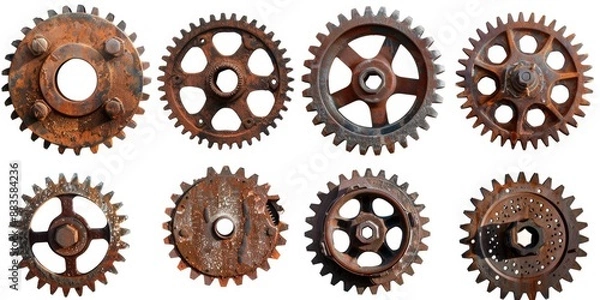 Fototapeta Image shows a collection of old, rusted gears on a white background