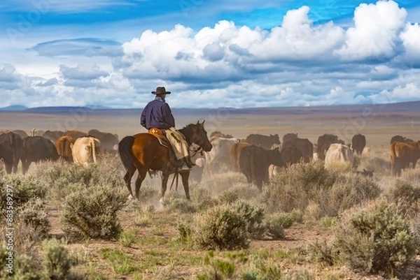 Fototapeta A cowboy on his horse moving cattle to an adjacent desert pasture on a Ranch near Silver Lake.
