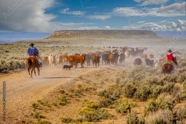 Fototapeta Two cowboys on horseback, and a dog, driving a herd of cattle to a new pasture.