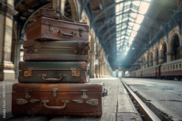 Obraz Vintage Suitcases on a Train Platform