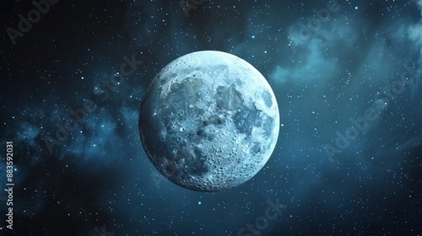 Fototapeta This image showcases a beautifully detailed blue-hued moon floating in outer space, surrounded by a stunning background of stars and a nebula, creating a cosmic spectacle.
