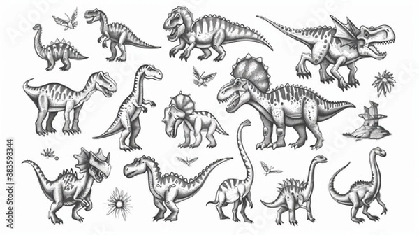 Fototapeta This illustration showcases a collection of various dinosaurs depicted in a detailed black and white sketching style, highlighting different species and their distinct features.