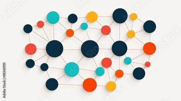Fototapeta Abstract illustration of a colorful network of interconnected dots representing data, connections, and relationships in a modern, minimalistic design.
