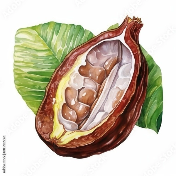 Fototapeta a Cocoa Pod Cross-section, Cocoa Element, watercolor illustration, isolated on white background