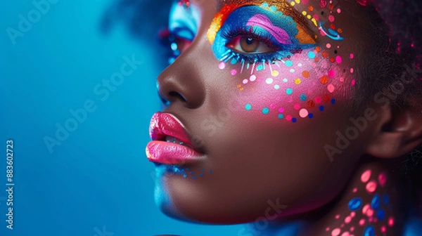 Fototapeta Closeup of model with bright color eyeshadow design on solid color background. 