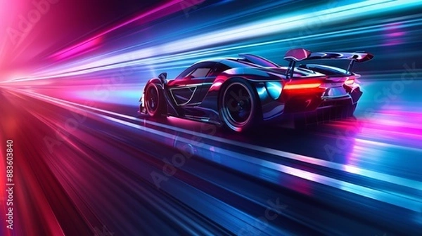 Fototapeta A high-performance car racing with neon background lights, highlighting the mesmerizing combination of speed, technology, and vibrant colors in a futuristic setting.