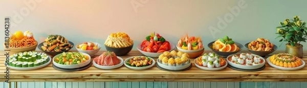 Fototapeta Drone angle, minimalist culinary art setup, symmetric arrangement of colorful gourmet dishes on a large wooden table, muted pastel background, digital CG 3D rendering