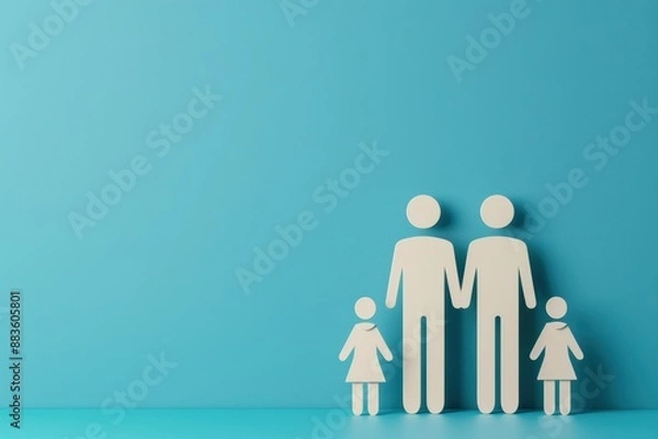 Fototapeta Simple white cutout figures of a family of four standing against a bright blue background, symbolizing unity and togetherness.