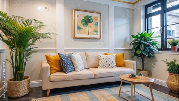Obraz Soothing beige couch against serene cream wall, adorned with calming greenery, in tranquil, naturally lit therapy room atmosphere.