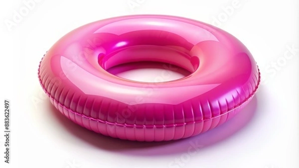 Fototapeta A vibrant pink inflated 3D swimming ring isolated on a white background with subtle shadows and soft focus effect.
