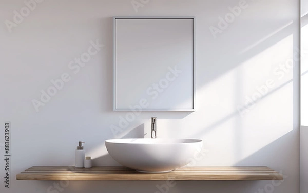Fototapeta Interior of modern bathroom with white bathtub, round mirror and white towel on wooden shelf