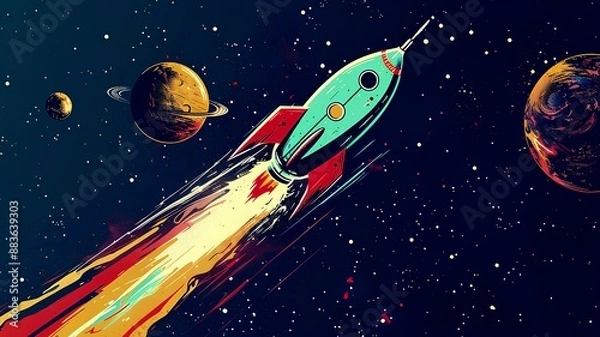 Fototapeta space rocket launch to space classic cartoon poster retro style 