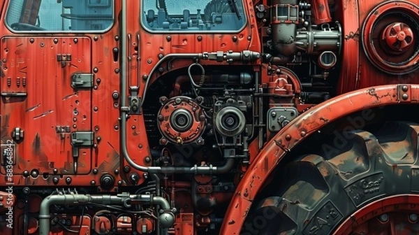 Fototapeta A closeup shot of the intricate details of a tractors engine, showcasing the marvel of engineering