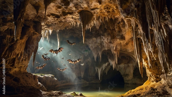 Fototapeta Inside the cave with fascinating stalactites and stalagmites rock formation with a lagoon or water in it and a flying bat