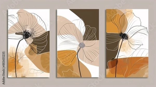 Fototapeta Three modern art posters with a connected line art flower, each panel contributing to the overall elegant floral composition