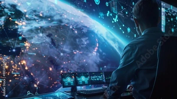 Obraz Digital transformation internet network technology big data futuristic technology background man using computer with global network connection data link and exchange on virtual screen : Generative AI