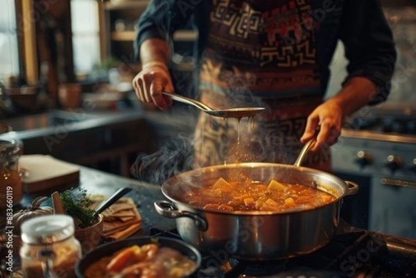 Fototapeta chef stirring a pot of soup adding spices
