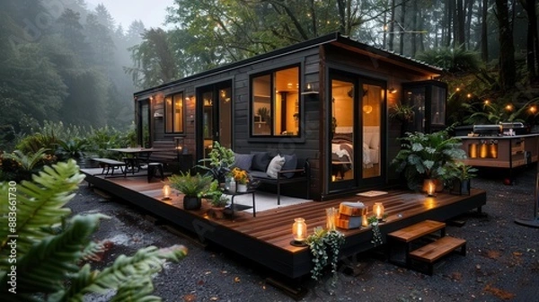Fototapeta Rustic tiny home surrounded by wilderness, sustainable living and minimalist lifestyle in harmony with nature