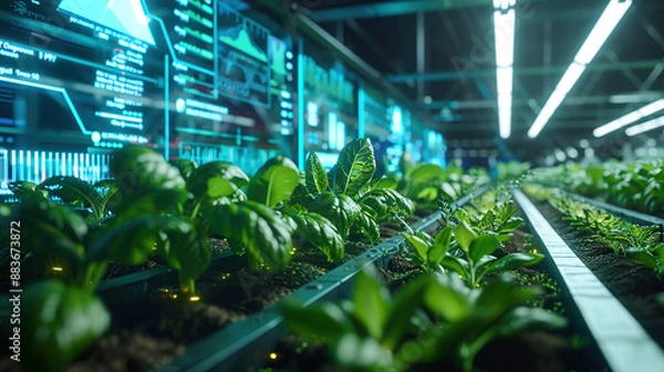 Fototapeta A high-tech farm with plants growing in an indoor tin
