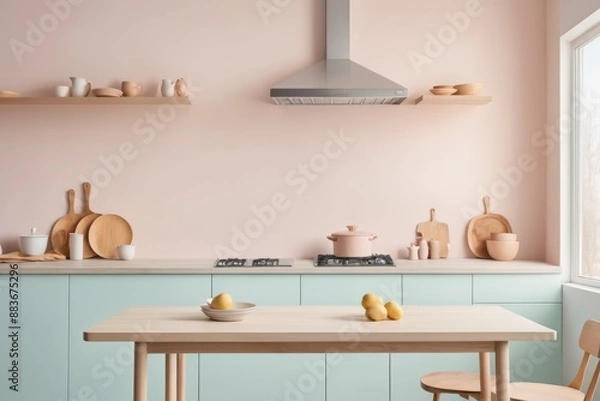 Obraz blurred colorful Sleek cabinets and stainless steel appliances define a modern kitchen interior with empty tabletop