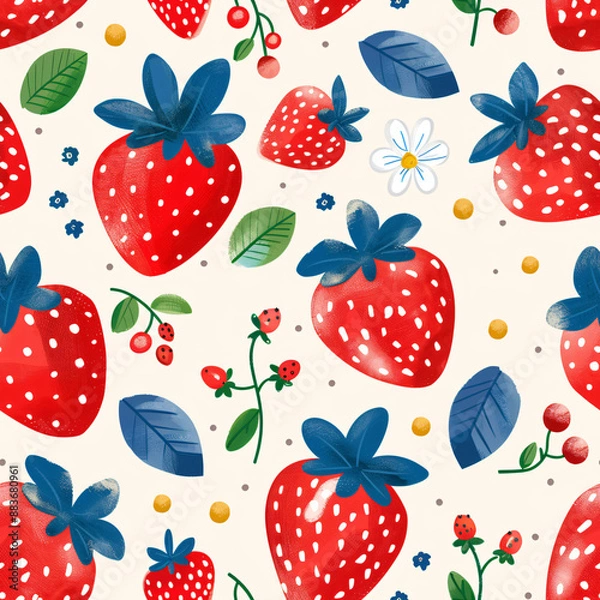 Fototapeta A seamless strawberry pattern, ideal for candy wrappers. This repeating design features vibrant, juicy strawberries in a realistic and detailed style.

