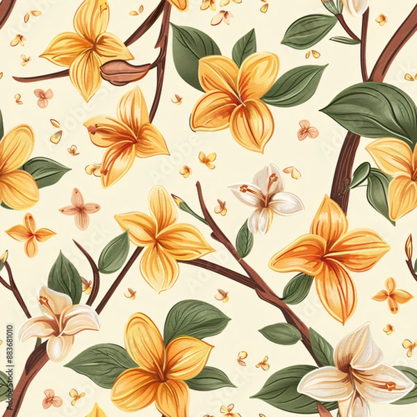 Fototapeta A seamless vanilla pattern, perfect for candy wrappers. This repeating design showcases the classic and sweet nature of vanilla in a detailed, illustrated style.


