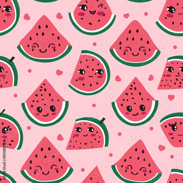 Fototapeta A seamless watermelon pattern, perfect for candy wrappers. This repeating design showcases the juicy and refreshing nature of watermelon in a realistic and detailed style.

