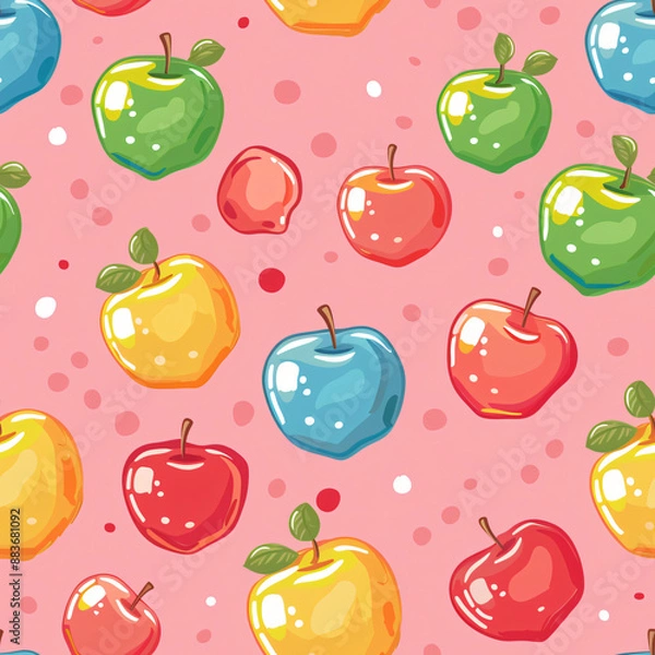 Fototapeta A seamless apple pattern, ideal for candy wrappers. This repeating design captures the crisp and tangy look of green apples in a detailed, illustrated style.