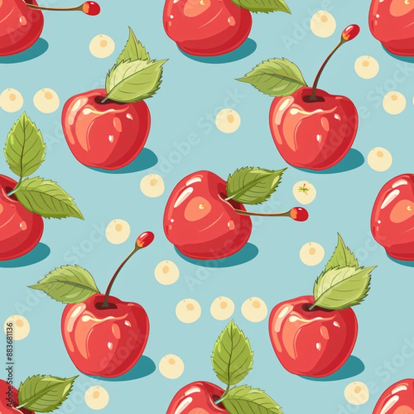 Fototapeta A seamless cherry pattern, perfect for candy wrappers. This repeating design showcases the bright and sweet nature of cherries in a realistic and detailed style.

