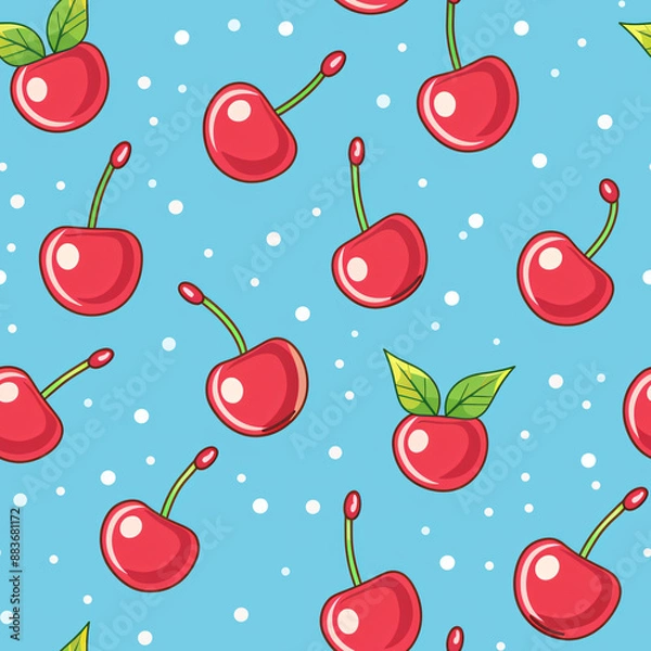 Fototapeta A seamless cherry pattern, perfect for candy wrappers. This repeating design showcases the bright and sweet nature of cherries in a realistic and detailed style.

