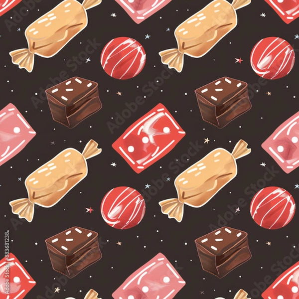 Fototapeta A seamless chocolate pattern, perfect for candy wrappers. This repeating design captures the rich, indulgent look of chocolate in a realistic and detailed style.