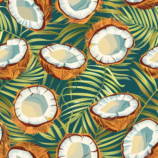 Fototapeta A seamless coconut pattern, ideal for candy wrappers. This repeating design captures the tropical and creamy look of coconuts in a detailed, illustrated style.

