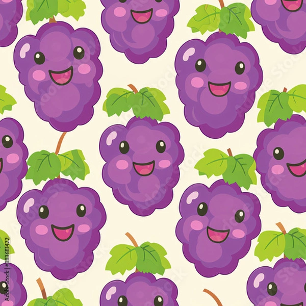 Fototapeta A seamless grape pattern, ideal for candy wrappers. This repeating design captures the rich and sweet look of grapes in a realistic and detailed style.

