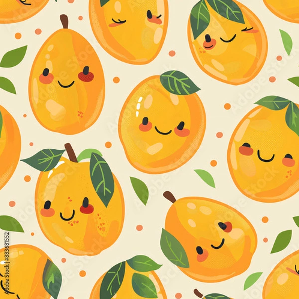 Fototapeta A seamless mango pattern, perfect for candy wrappers. This repeating design showcases the sweet and tropical nature of mangoes in a detailed, illustrated style.

