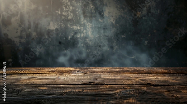 Obraz Wooden table with dark gray blurred background.