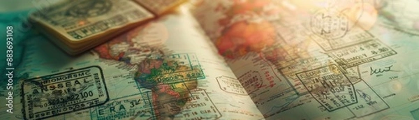 Fototapeta Passport with stamps close up, focus on, copy space Travel history, Double exposure silhouette with global journey