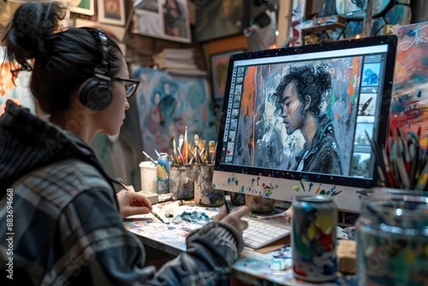 Fototapeta Focused artist creating a digital painting with a stylus, surrounded by art supplies in a cluttered studio.