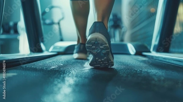 Fototapeta Close-up of a woman's feet in running shoes walking on a treadmill in a modern gym with a blue tint