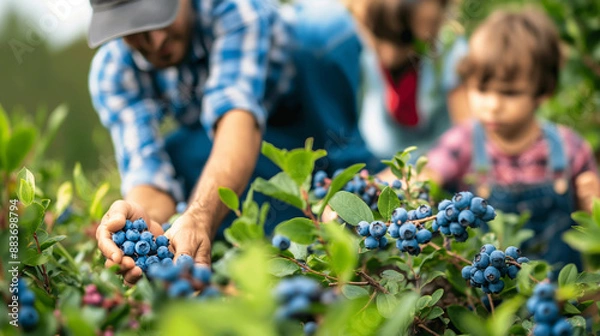Obraz A family picking blueberries together, highly professional photo picture showcasing dynamic interaction and vibrant colors, harvesting, with copy space
