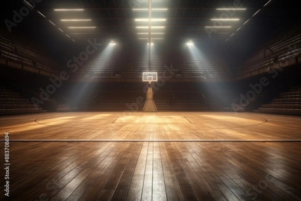 Fototapeta Empty Basketball Court with Wooden Floor and Spotlights in Sports Arena. Front View 3D Rendering Playground with Copy Space for Banner or Poster Design